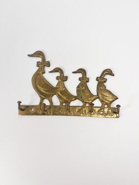Vintage small brass hook hanger with mama and baby geese